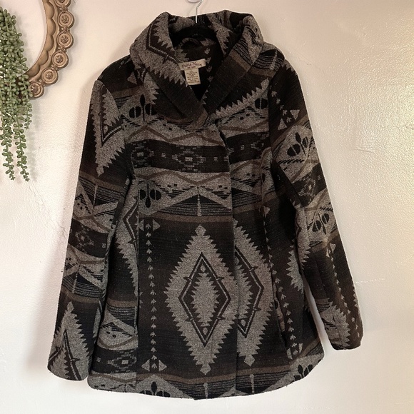 Paris Blues Jackets & Blazers - Vintage Paris Blues Southwestern Print Hooded Coat Wool Blend, Brown, Size large